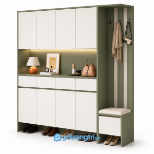 Tủ giày kịch trần xanh olive có ghế ngồi KGB-5075