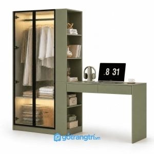 Tủ quần áo liền bàn làm việc cánh kính đèn LED KGB-5058